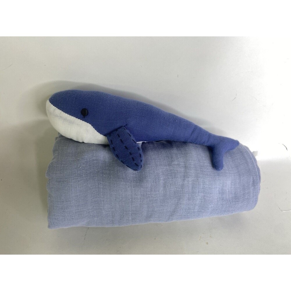 Pottery Barn Kids Under The Sea Muslin Blue Whale Wrap Lovey Cotton Blanket